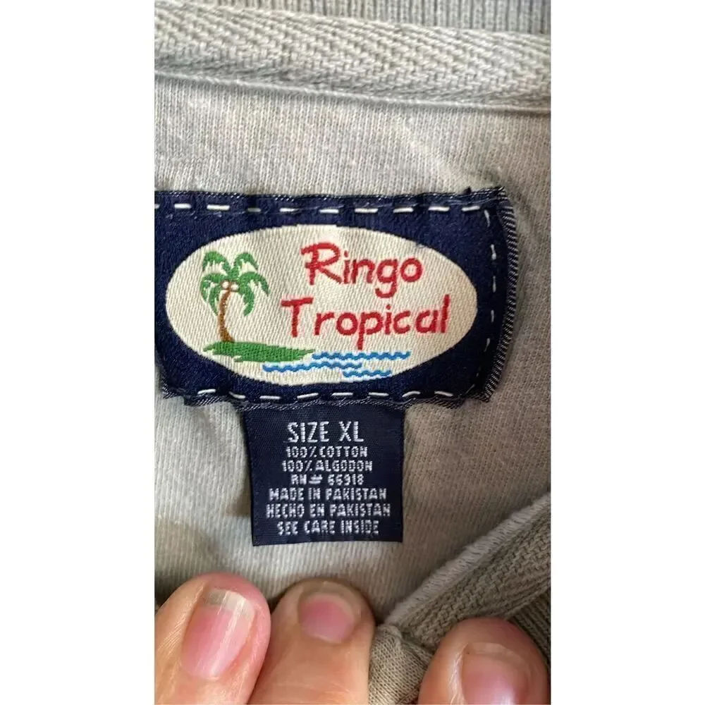 RINGO TROPICAL Mens Polo Pineapple Print Polo Shirt Gray White Vintage Size XL